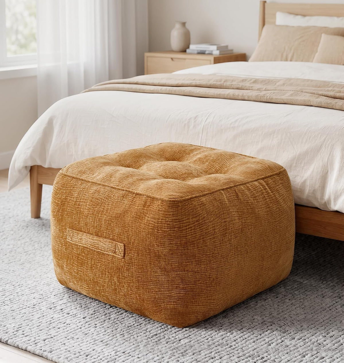 Hobestluk Pouf Ottoman Foot Rest Chenille Square Small Ottoman, Brown