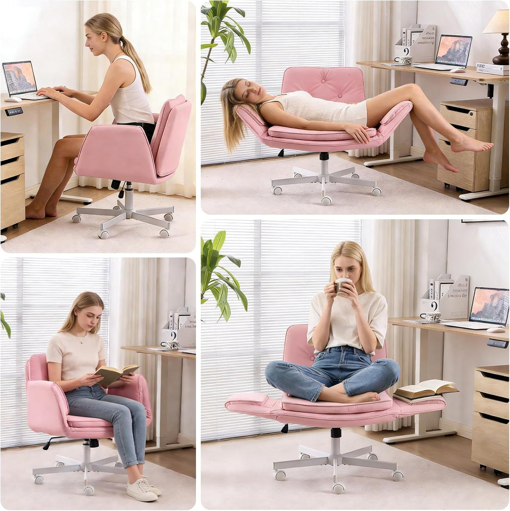 MOJAY Velvet Office Swivel Chair, Vanity Chair, Fabric Desk Chair, Pretty Fancy Chair, Gold Office Chair for Girls, 360°Swivel Height Adjustable Reception Chair (Pink PU)