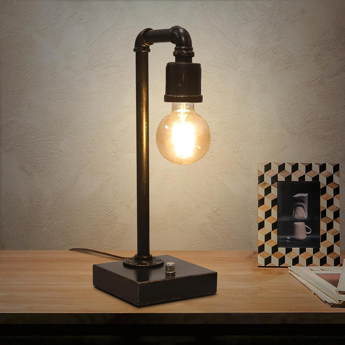 Industrial Table Lamp, Vintage Bedside Lamp with USB C and USB A Charging Por...
