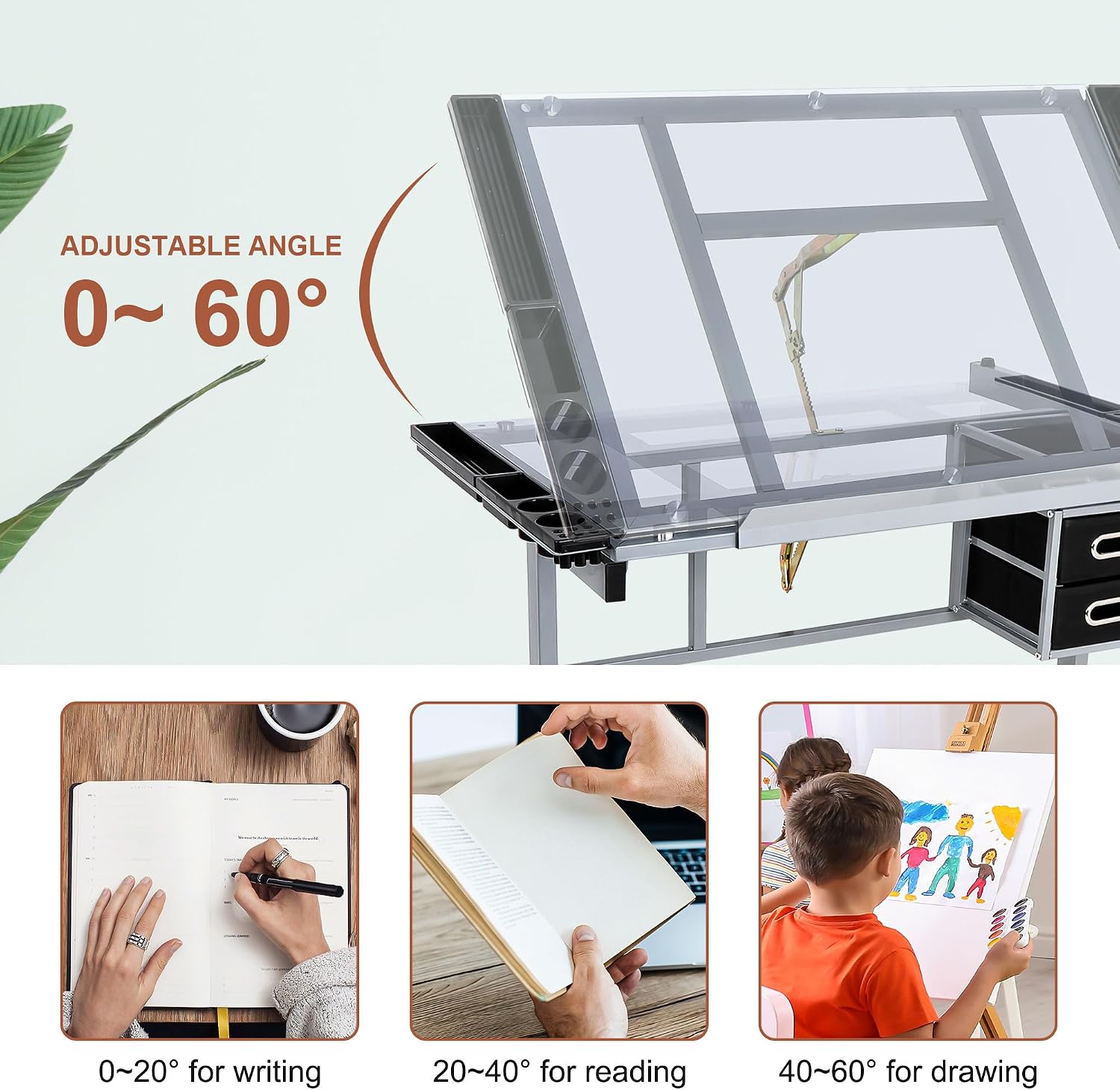 JupiterForce Adjustable Drafting Table Art Desk Drawing Table Versatile Art Craft Work Station Glass Tabletop w/2 Slide Drawers and Wheels for Reading, Writing, Painting Home Office