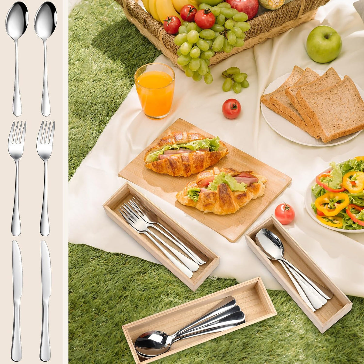 Baderke 3 Pcs Wooden Utensil Holder with Silverware Set Bamboo Storage Box