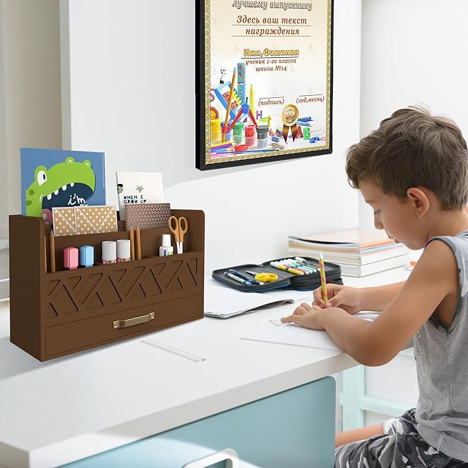 WISUCART Bamboo Mail Organizer Countertop Wood Desk Organizer Drawer Tabletop - Image 6