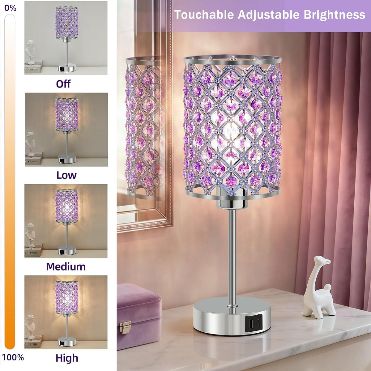Crystal Table Lamp, Purple Touch Lamp with USB C+A Port, 3-Way Dimmable