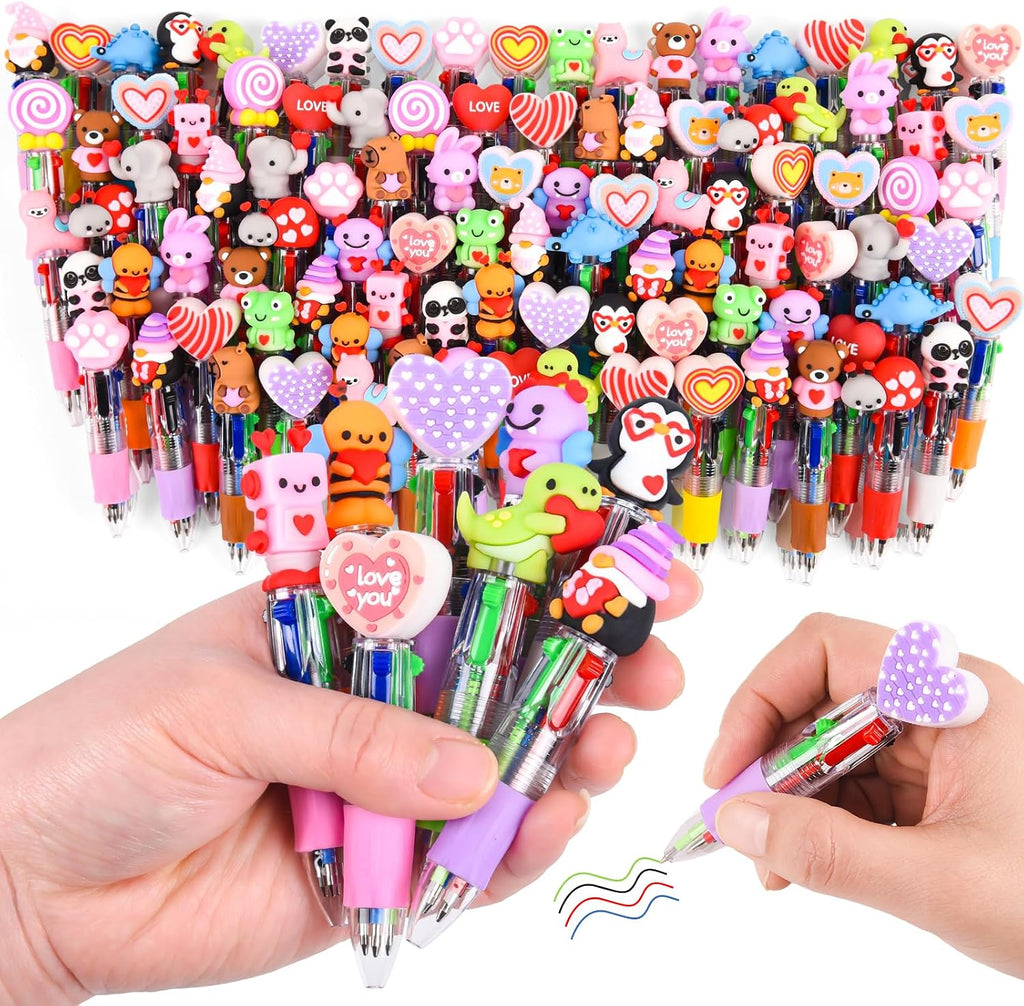 LiYiQ 100 Pcs Valentine's Day Animal Multicolor Pen in One Cartoon Cute Fun 4-in-1 Cute Pens Bulk Kawaii Heart Capybara Frog Panda Shape Lovely Ballpoint Pens for Fun Gifts