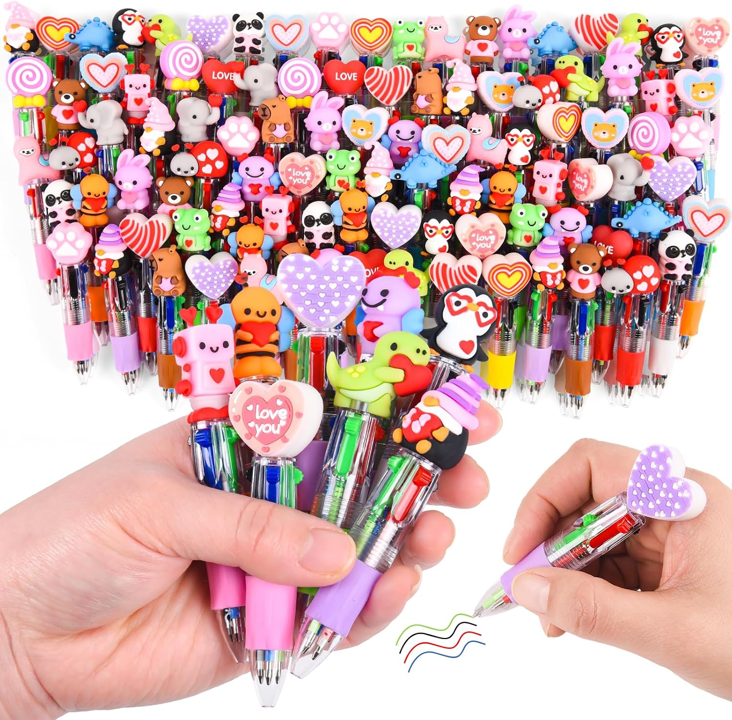 LiYiQ 100 Pcs Valentine's Day Animal Multicolor Pen in One Cartoon Cute Fun 4-in-1 Cute Pens Bulk Kawaii Heart Capybara Frog Panda Shape Lovely Ballpoint Pens for Fun Gifts