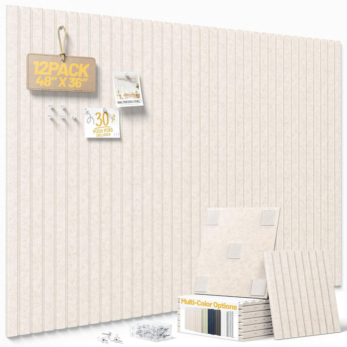 Large Cork Board for Walls Fine-Stripe Bulletin Board with 60 Adhesive Tabs