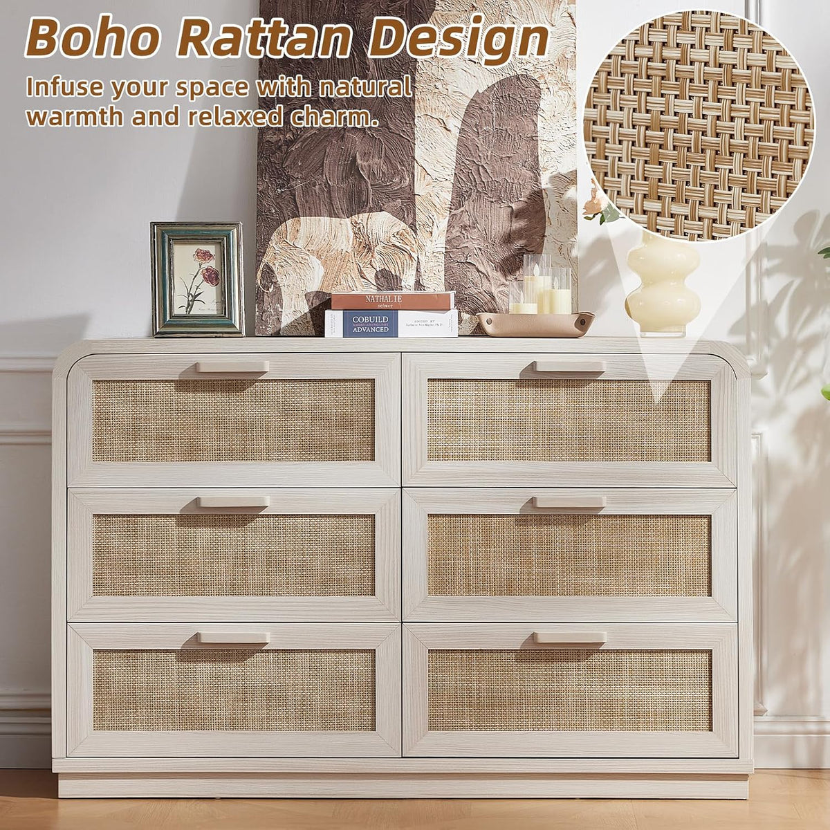 LEYAOYAO Rattan 6 Drawer Dresser for Bedroom, Grey White