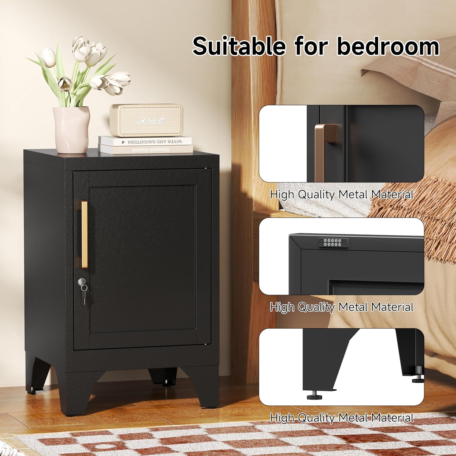 23.6" H Black Metal NightStand Locker Storage Cabinet with 1 Doors, Small Lockable Night Stand with Lock and 1 Adjustable Shelve for Bedroom Living Room Home Office