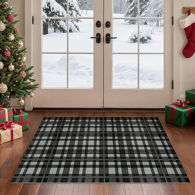 GENIMO Checkered Rug 27.5x44 inches Black and White Fine Plaid Outdoor Rug by GENIMO
