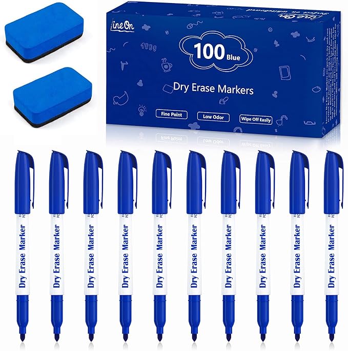 Lineon Dry Erase Markers, 100 Bulk Pack Blue Whiteboard Markers by ShuttleArt