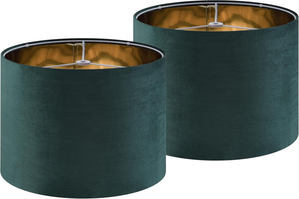 Green Velvet Lampshades Set of 2 Medium Drum Lamp Shade 13" Top x 13" Bottom x