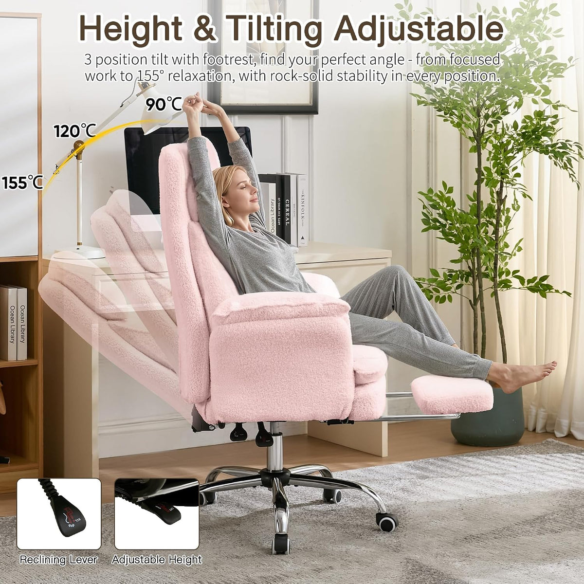 JOMEED Cloud Cross Legged Office Chair with Footrest,Flip Armrest,Pink