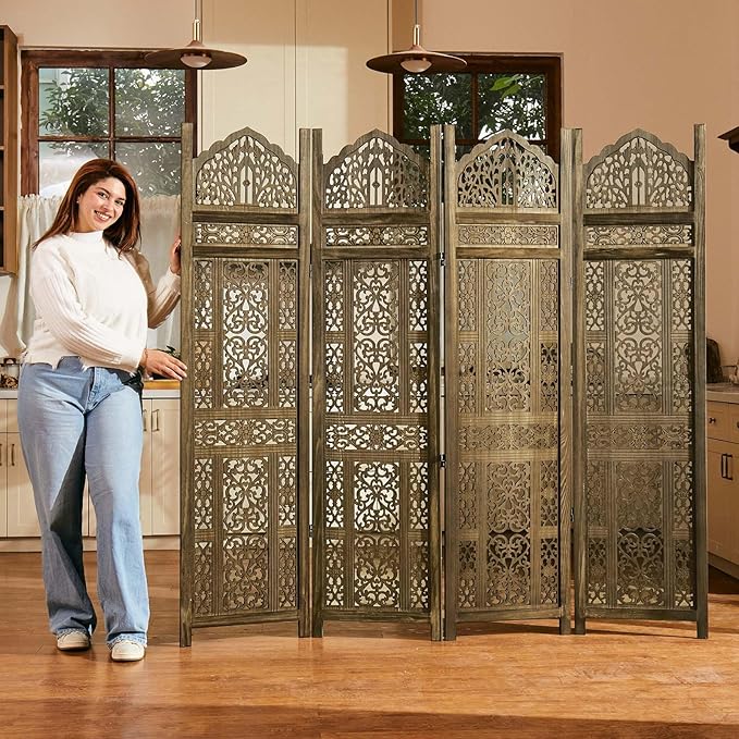 5.75Ft Room Divider Wood Screen, 33Lbs Durable Antiqued Style MDF Carved - Image 6