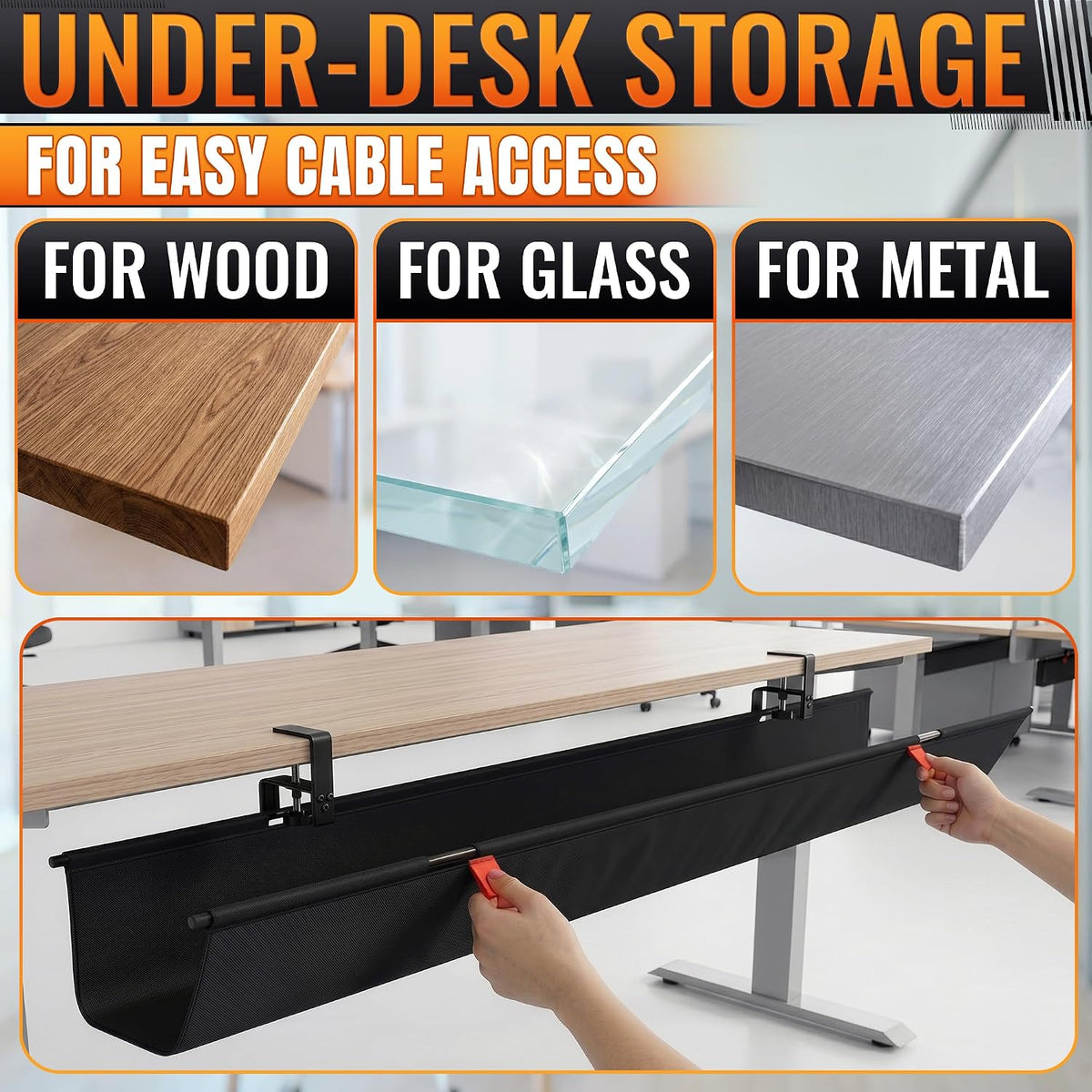 Under Desk Cable Management Tray 48" — No Drill Clamp-On Cord Organizer ...