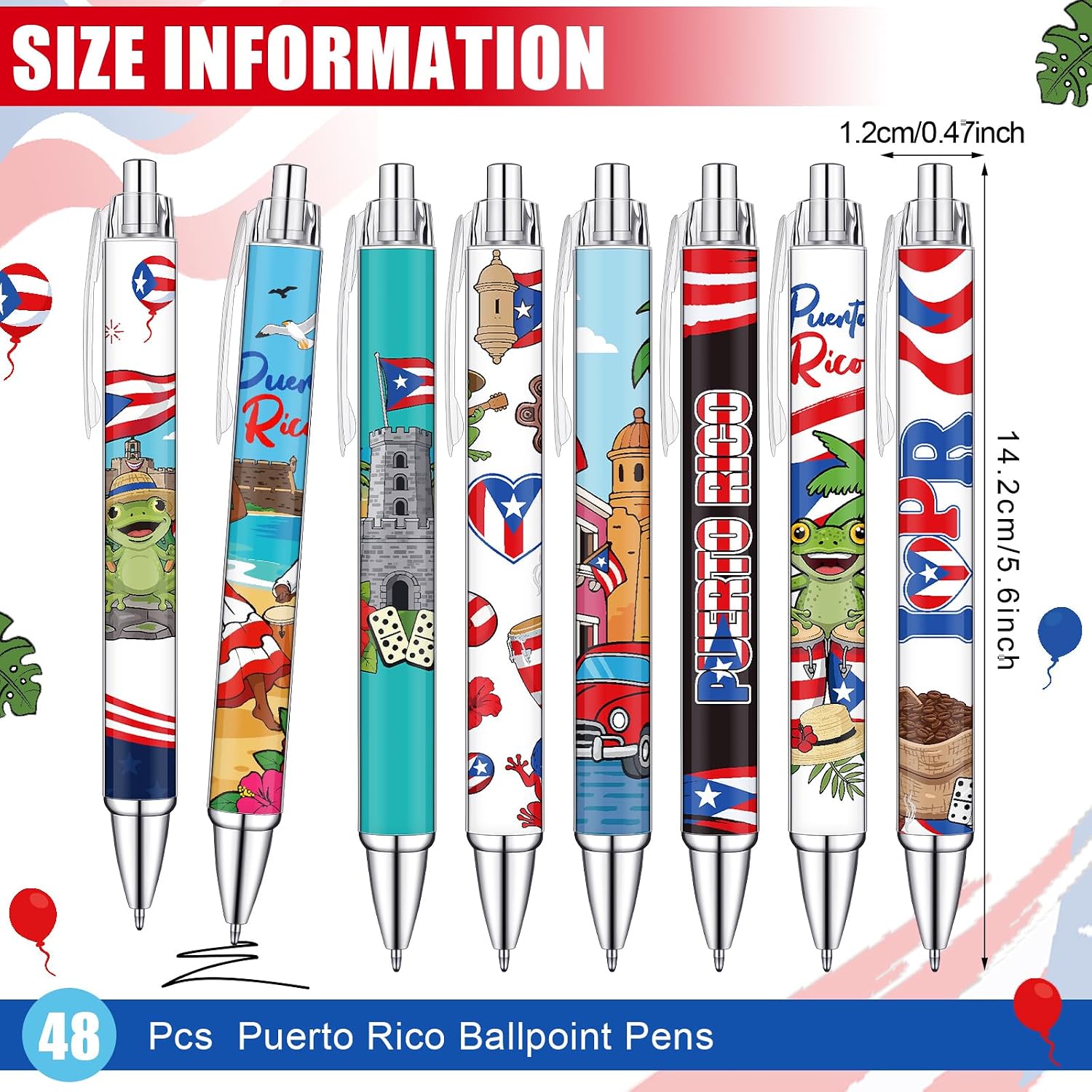 Sayglossy 48 Pcs Puerto Rico Party Souvenirs Gifts Puerto Rico Ballpoint Pens with Flags Frog Hibiscus Flowers Pattern for Patriotic Latin American Spanish Party Favors (Novelty Style)