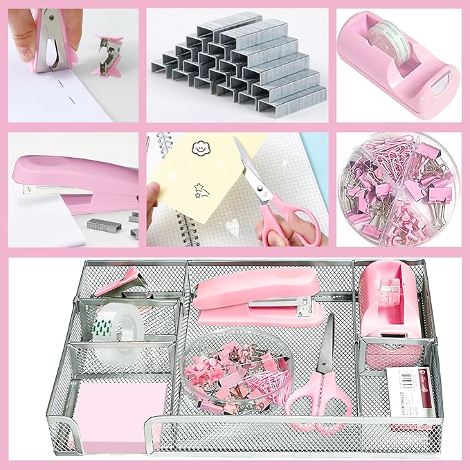 Pink Office Desk Accessories, Desk Drawer Organizer, Stapler and Tape Dispenser - Image 5