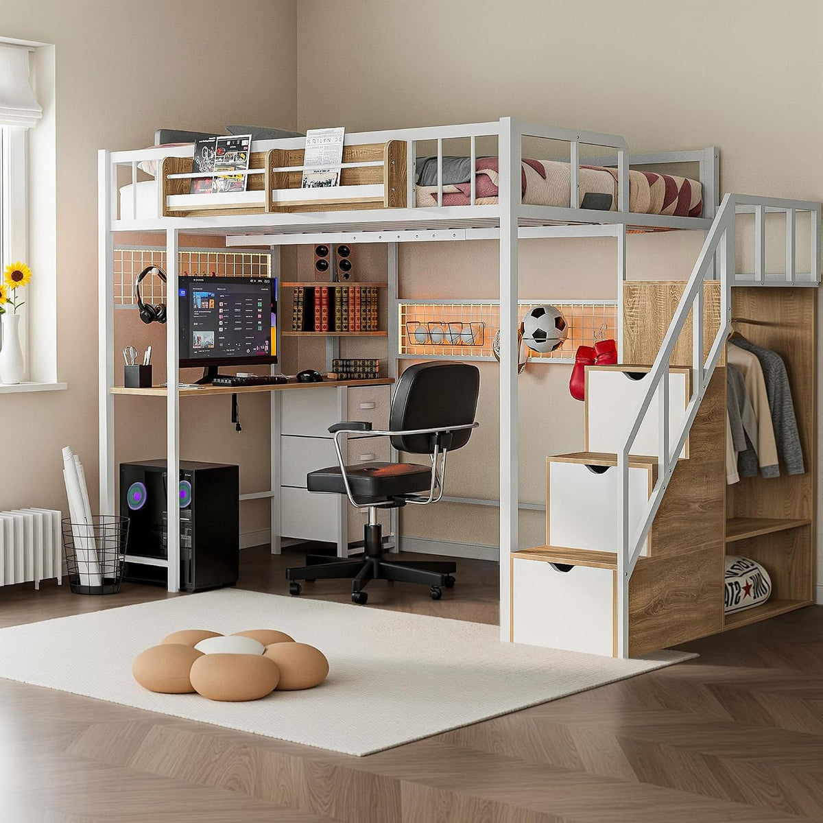 advwin Twin Size Loft Bed with Desk and Stairs, Storage Drawers and Shelves, ...