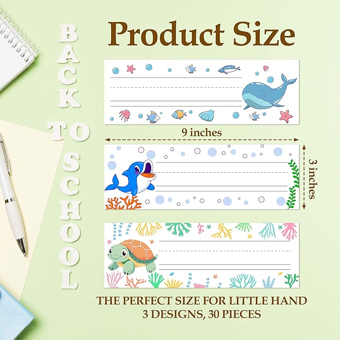 30 Name Tags for Classroom Cubbies, 3x9 in Ocean Animals Name Plates for Desks - Image 2
