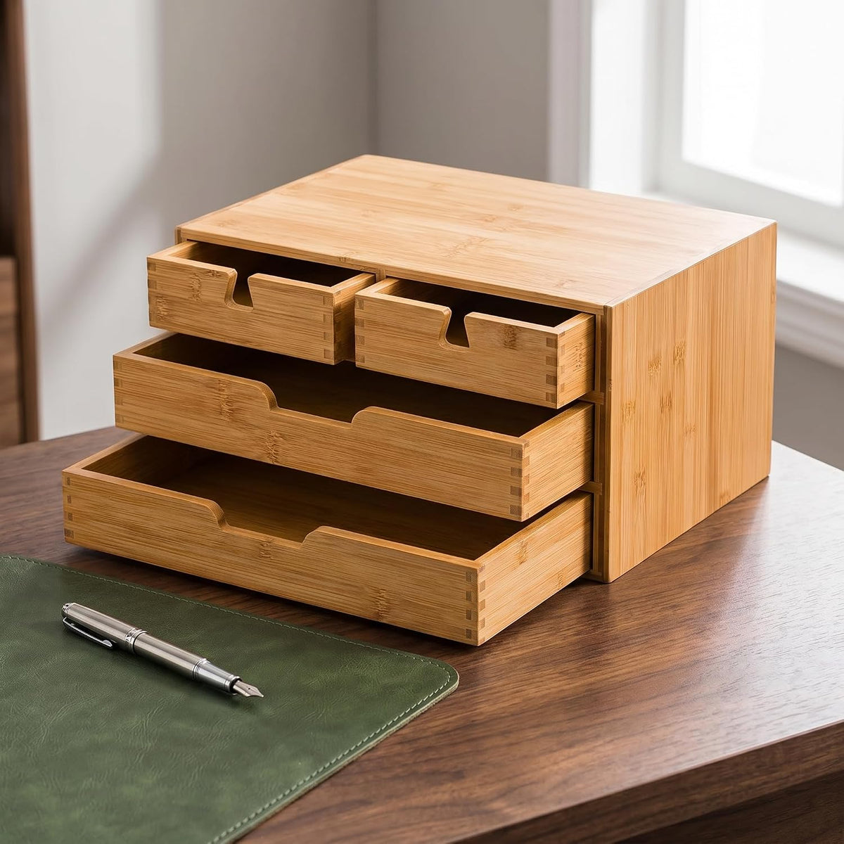 deayou bamboo desk organizer, 100% natural bamboo desktop, side view