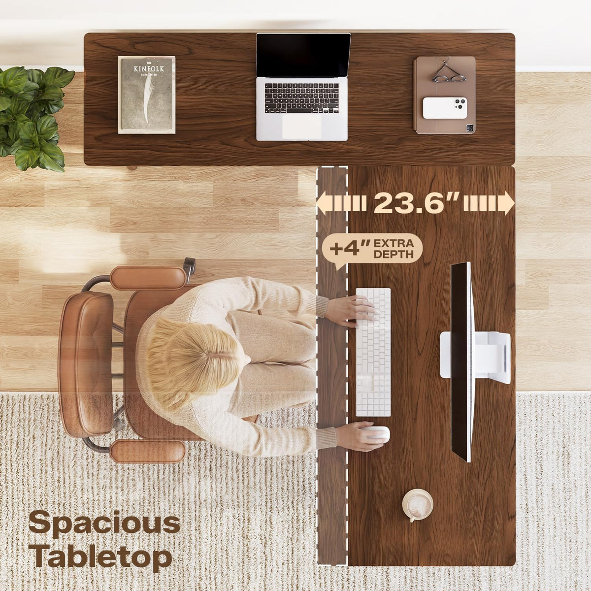 NELYE 63" Reversible L Shaped Desk with Shelf for Home Office, Walnut
