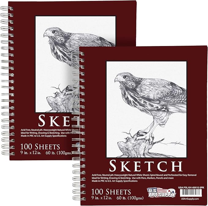 U.S. Art Supply 9"x12" Sketch Book Pad, 2 Pack, 60lb Spiral Bound by USArtSupply