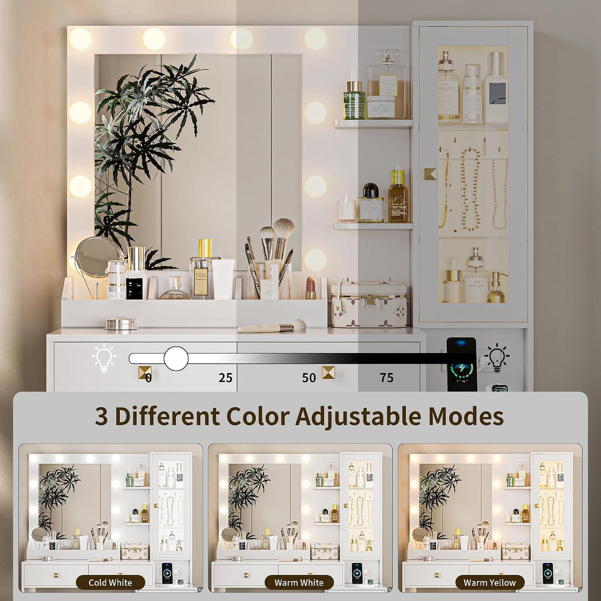 Vanity Desk with Mirror and Lights, White Makeup Vanity with 5 Drawers Hidden...