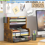 daoutime 6-tier mesh desk organizer with drawer, wooden, close-up detail