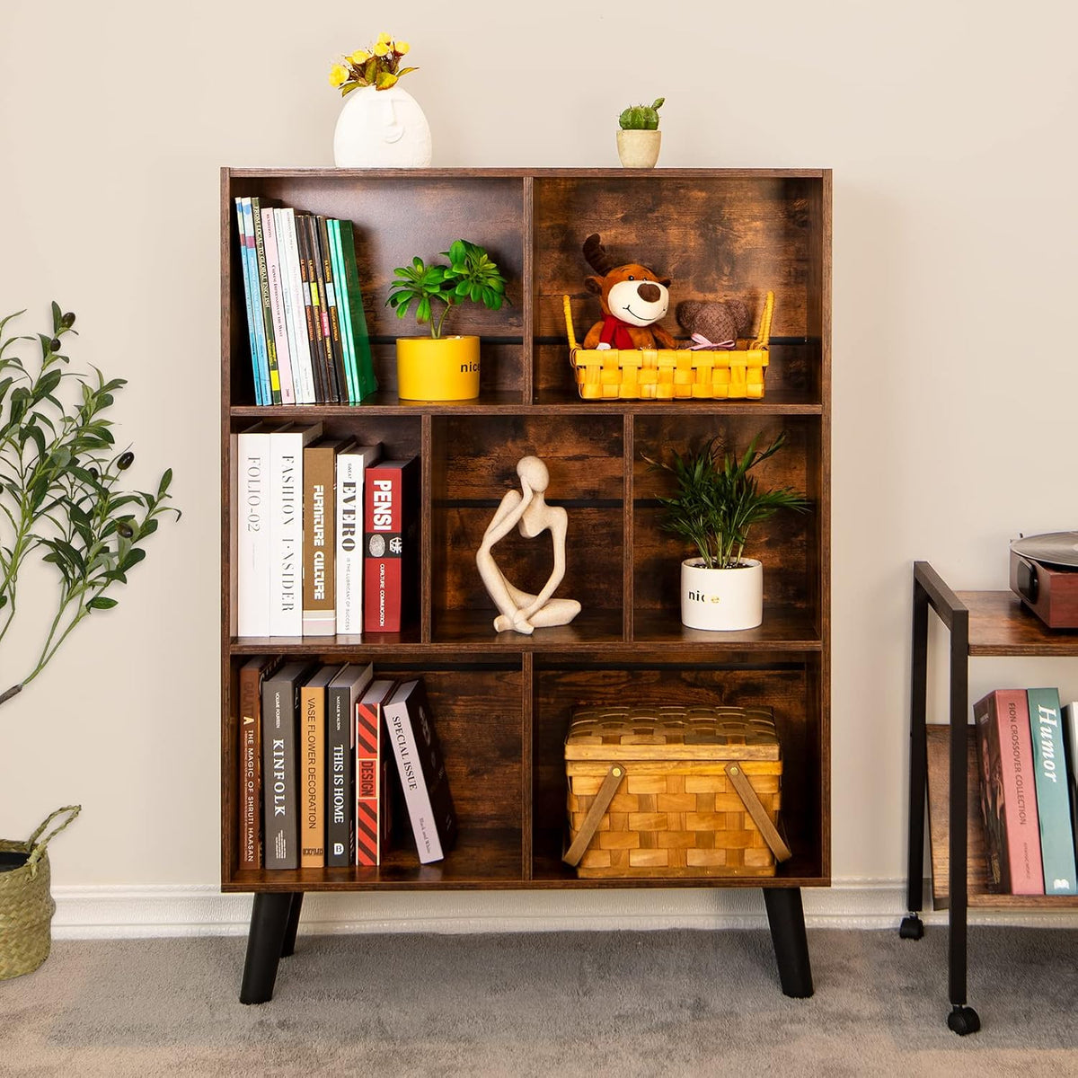 LEYAOYAO Cube Bookshelf, Mid-Century Modern Book Shelf with Legs, Brown