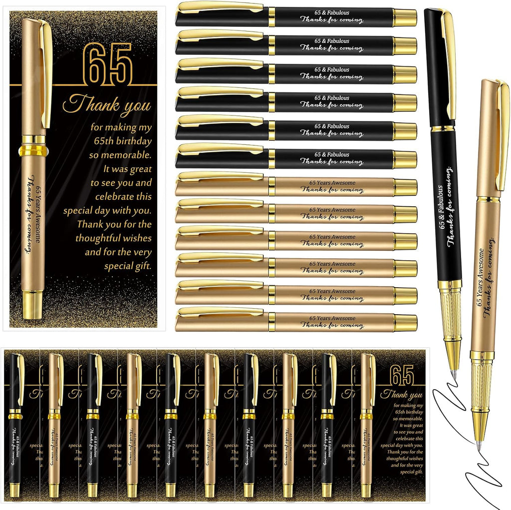 Feifeiya 30 Set 65th Birthday Favors with Black Gold Pens Cards | Birthday Souvenirs for Guests, Black and Gold Pens with Paper Thank You Cards for Men, Women and Wedding Anniversary Party