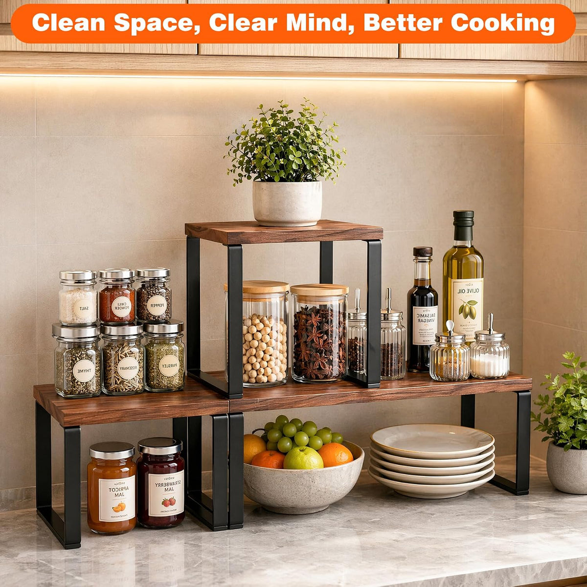 Countertop Organizer Corner Shelf, Wooden 2 Tier Stackable Kitchen Counter Sh...