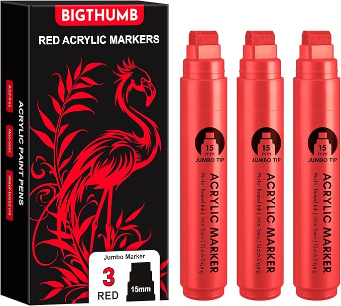 BIGTHUMB 3 Pcs Red Jumbo Permanent Markers: 15mm Wide Tip Thick Acrylic Paint by BIGTHUMB