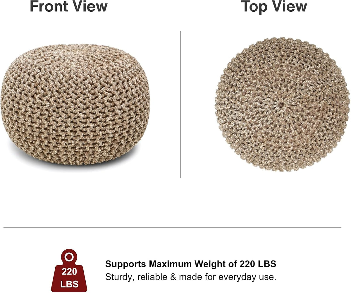 · REDEARTH · Round Pouf Ottoman - Hand Knitted Boho Poof - Beige Ivory