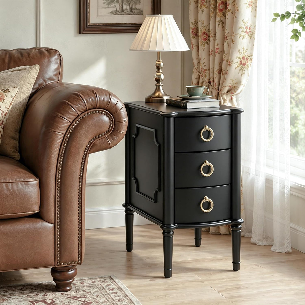 Mid-Century Narrow Nightstand, Wood Bedside Table, Black