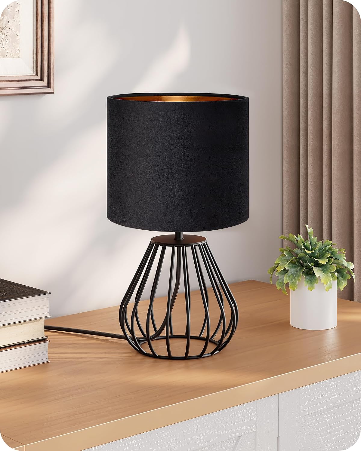 Black Table Lamp,12.6" Small Bedside Lamp, Velvet Lampshade