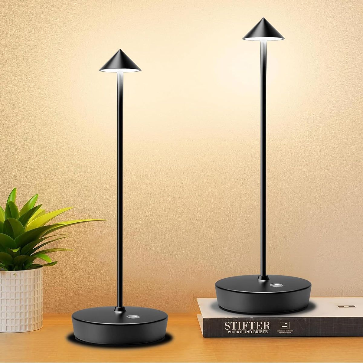 Set of 2 Cordless Rechargeable Led Table Lamp Battery Operated Light Black