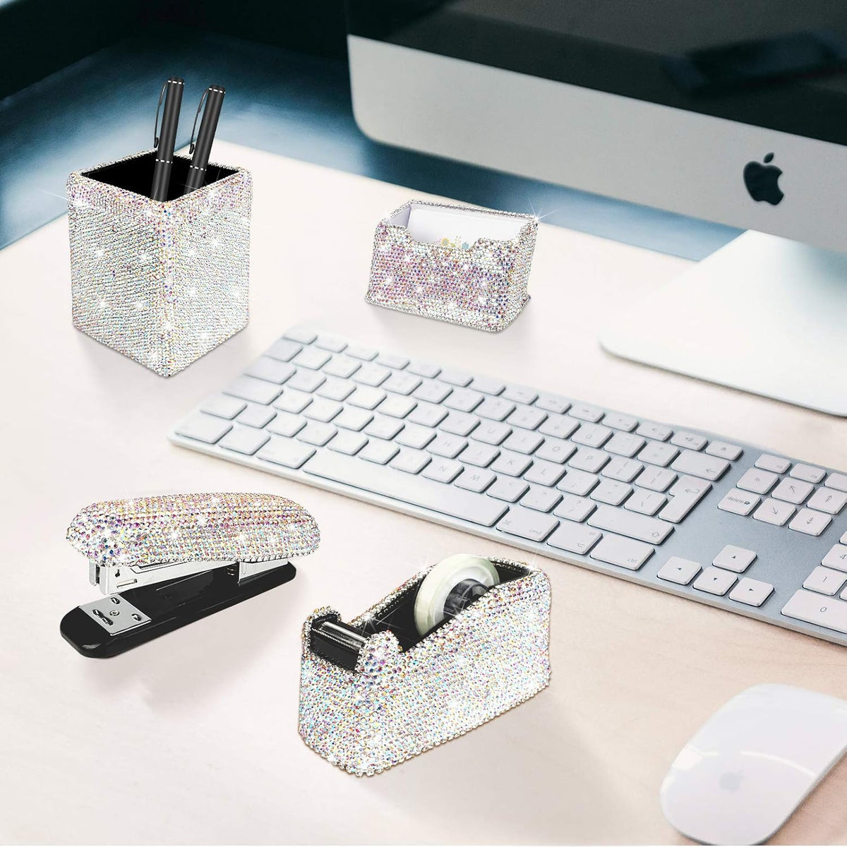 Bling Crystal Luxury Handmade Diamond Square Pencil Pen Pot Holder & Stap...