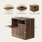 3 drawer file cabinet, fluted wood lateral filing shown in use