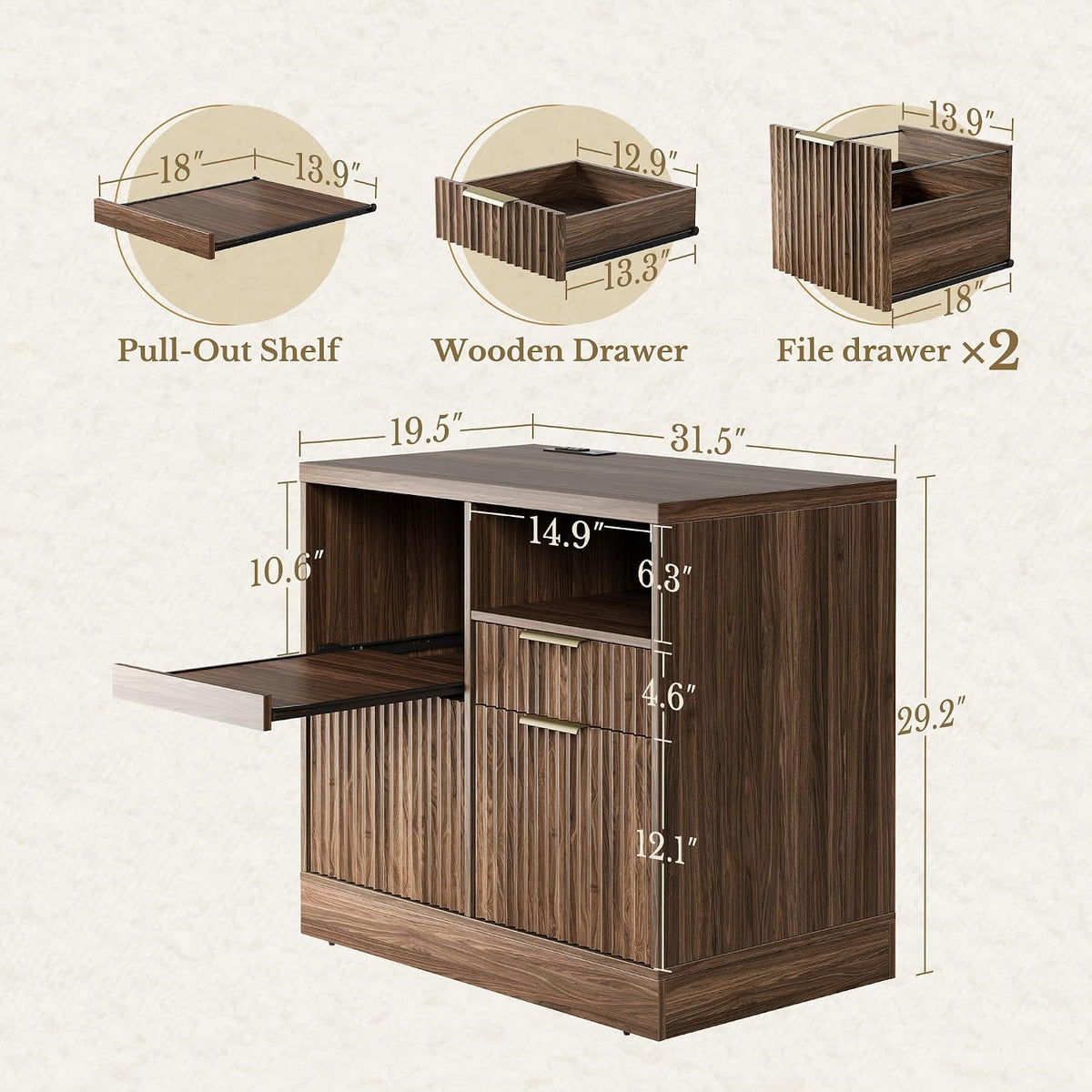 3 drawer file cabinet, fluted wood lateral filing shown in use