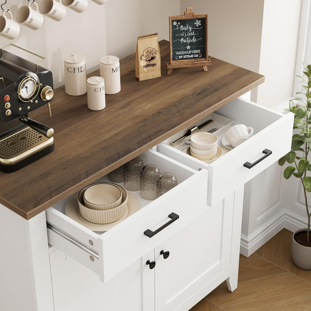 HORSTORS Farmhouse Kitchen Storage Cabinet, Small Buffet, Coffee Bar, White