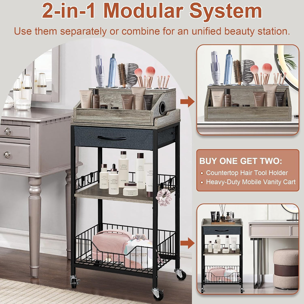 Large Makeup Cart Organizer with Hair Tool Holder, Black and Gray