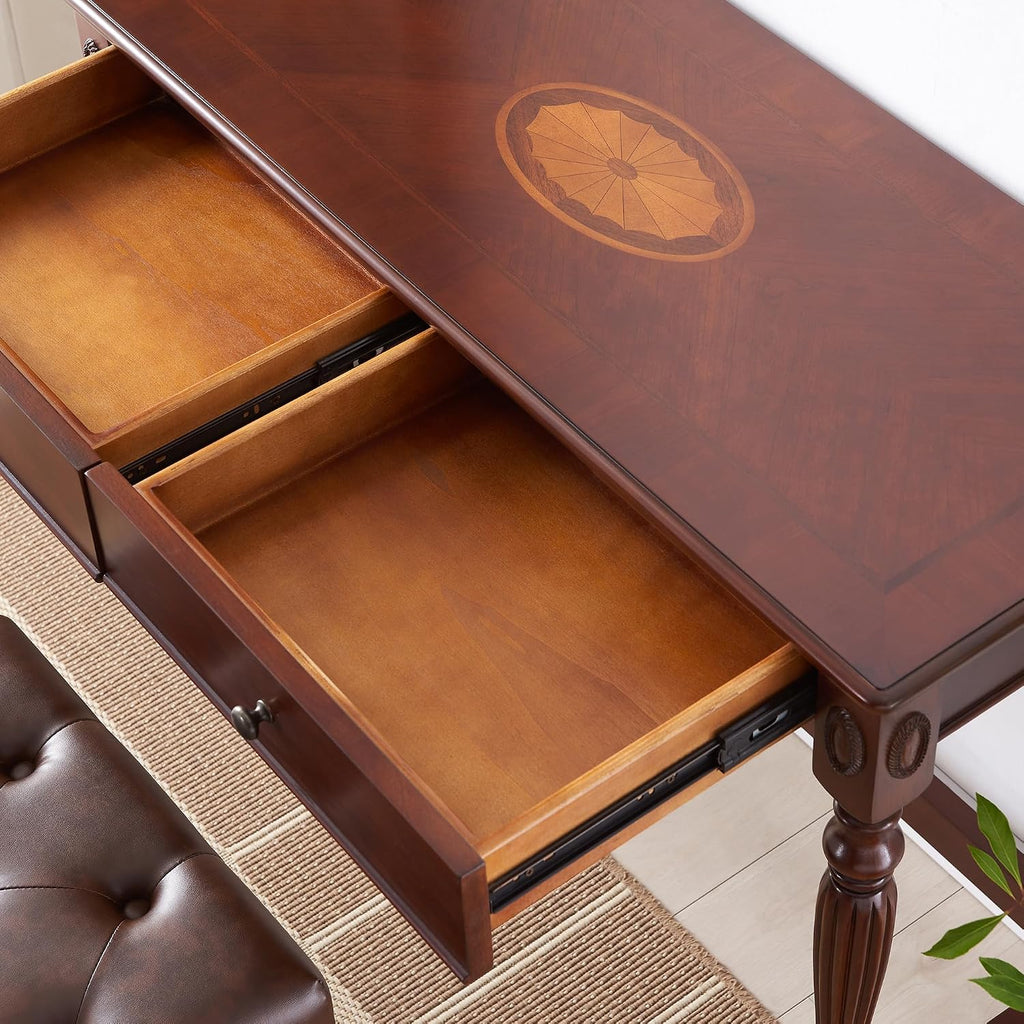 Wood Writing Desk Stool Set, Small Secretary Desk Set-Cheery&Brown | Vintage Vanity Makeup Table Set, 39.4" W Wood Computer Desk Chair Set for Home Office, 2 Drawers Desk&Button-tufted Stool Set