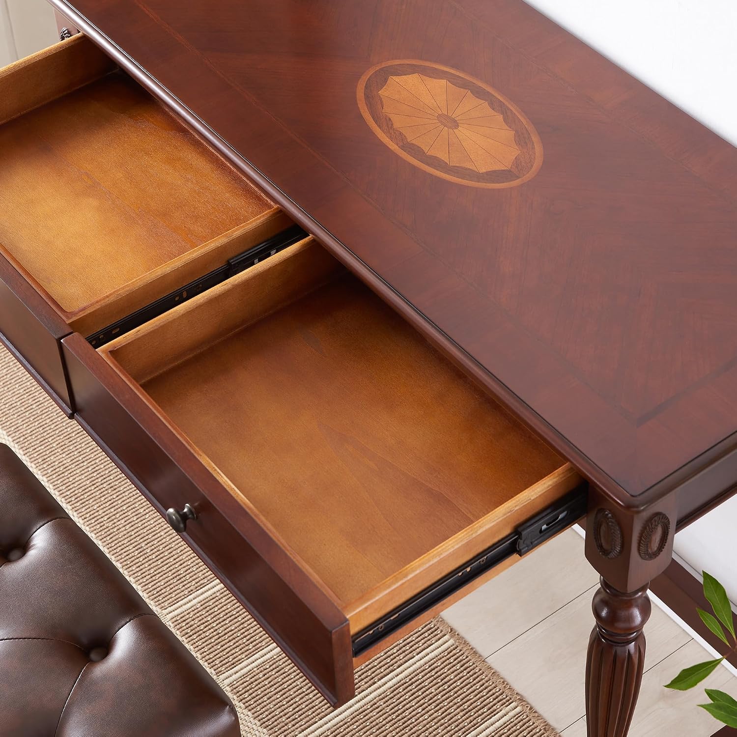 Wood Writing Desk Stool Set, Small Secretary Desk Set-Cheery&Brown | Vintage Vanity Makeup Table Set, 39.4" W Wood Computer Desk Chair Set for Home Office, 2 Drawers Desk&Button-tufted Stool Set