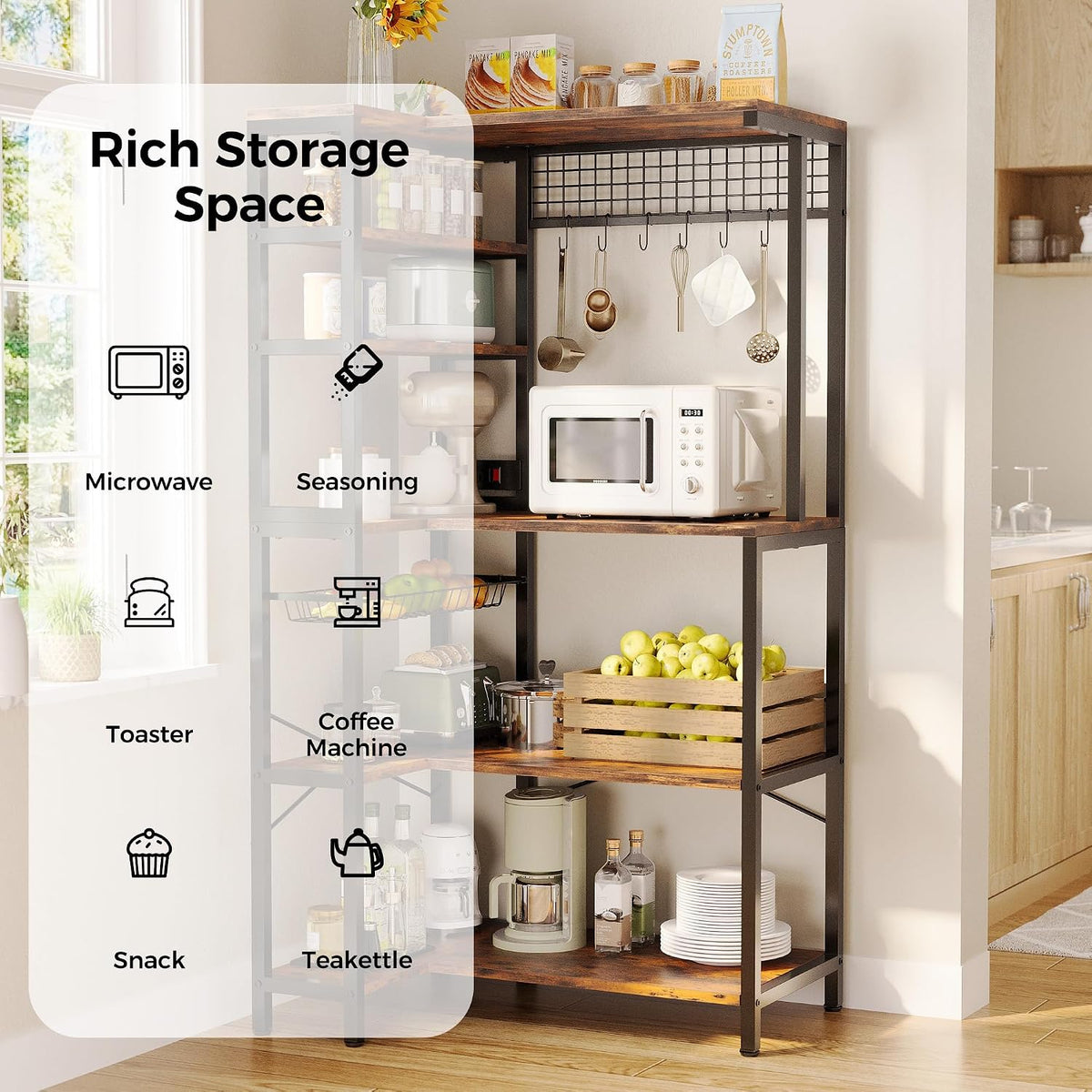 IRONCK Bakers Rack with Storage, Corner Coffee Bar with Power Outlet