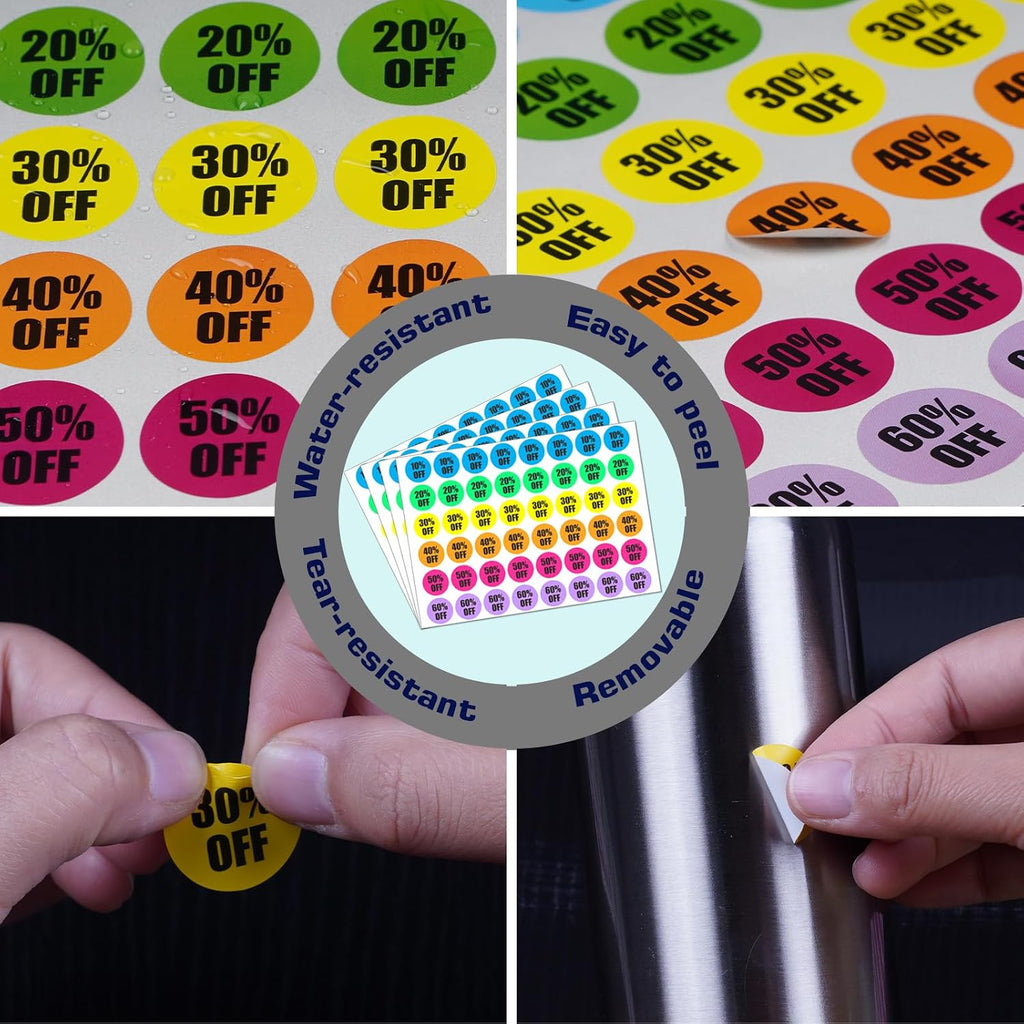 Percent Off Sticker 10 to 60 Discount Stickers,7/8 Inch Round Sale Stickers | 6 Colored Circle Price Marker Tag Adhesive Labels Signs Promotion Price Markers Sales for Retail Stores Supermarkets Shops
