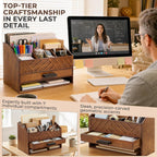 wooden desk organizer with 7 compartments and drawer showing dimensions