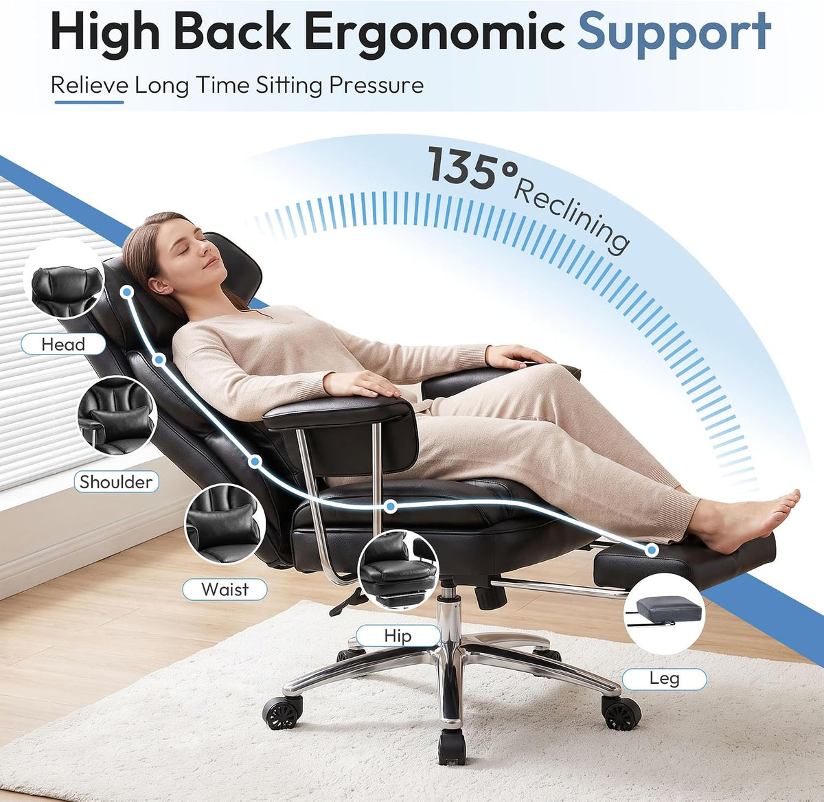 Big and Tall Office Chair, Ergonomic Leather Recliner Computer Chair, Black