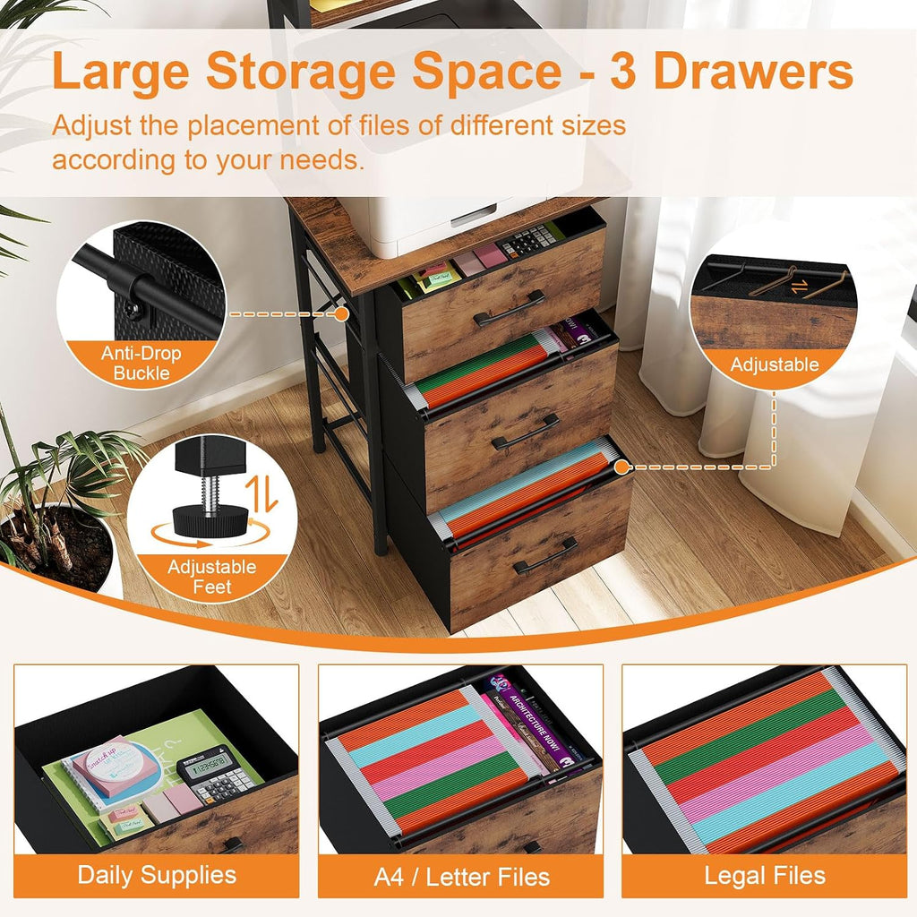 Snughome 3 Drawer Tall File Cabinet with 19.7'' Extended Desktop, 3-Tier Filing Cabinet for Home Office 51.6''H Vertical File Cabinet Printer Stand with Drawers, Fits A4/Letter/Legal,Rustic Brown