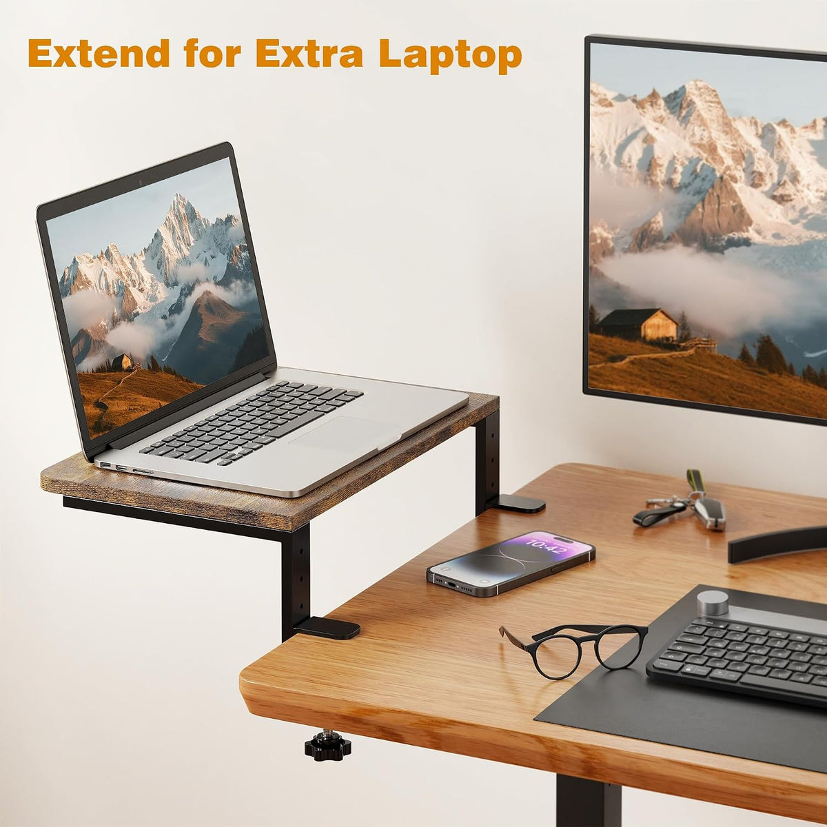 Desk Extender, 15-inch Clamp-On Desk Shelf, Height-Adjustable Desktop Shelf O...