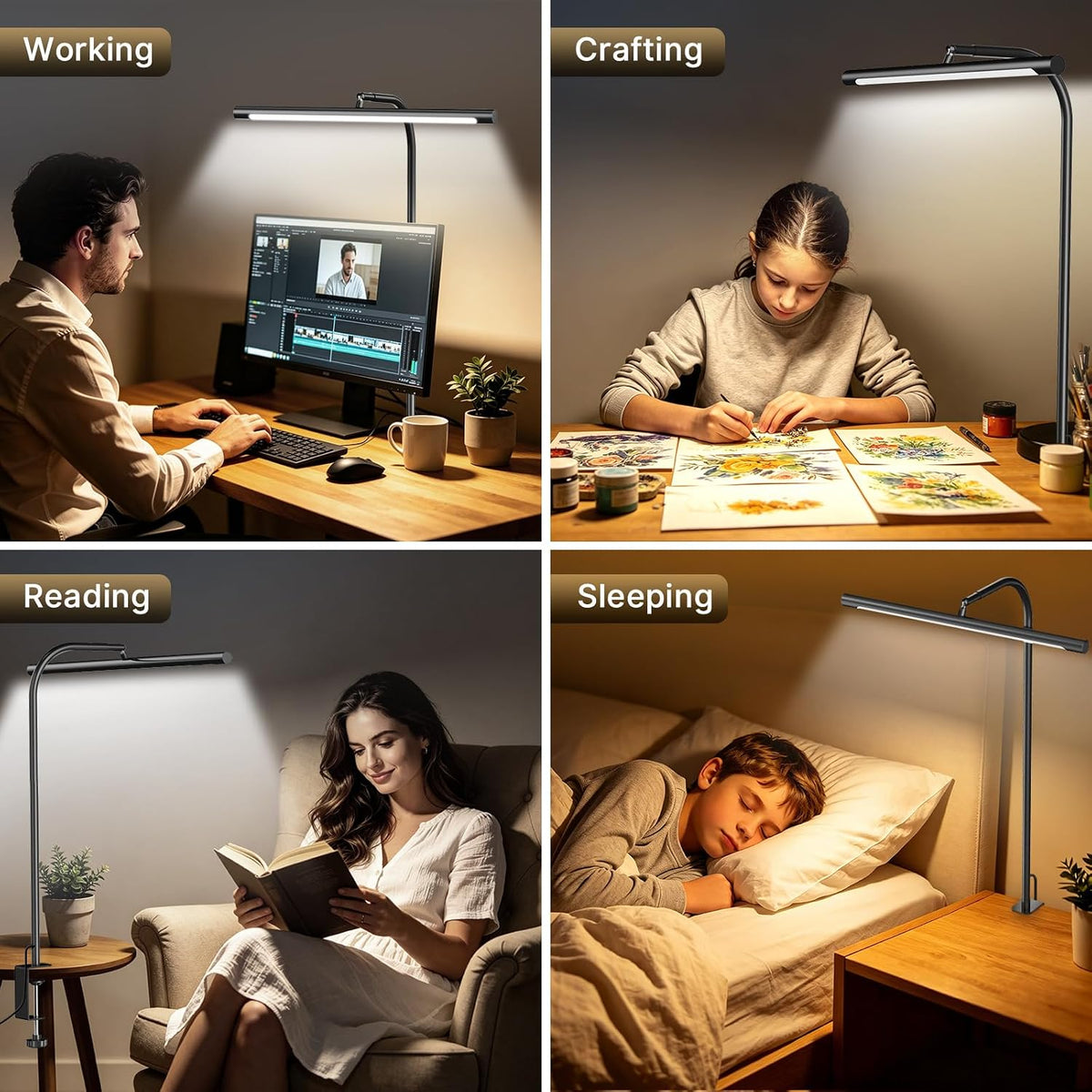LED Desk Lamp with Clamp, Eye-Caring Dimmable Desk Light for Home Office