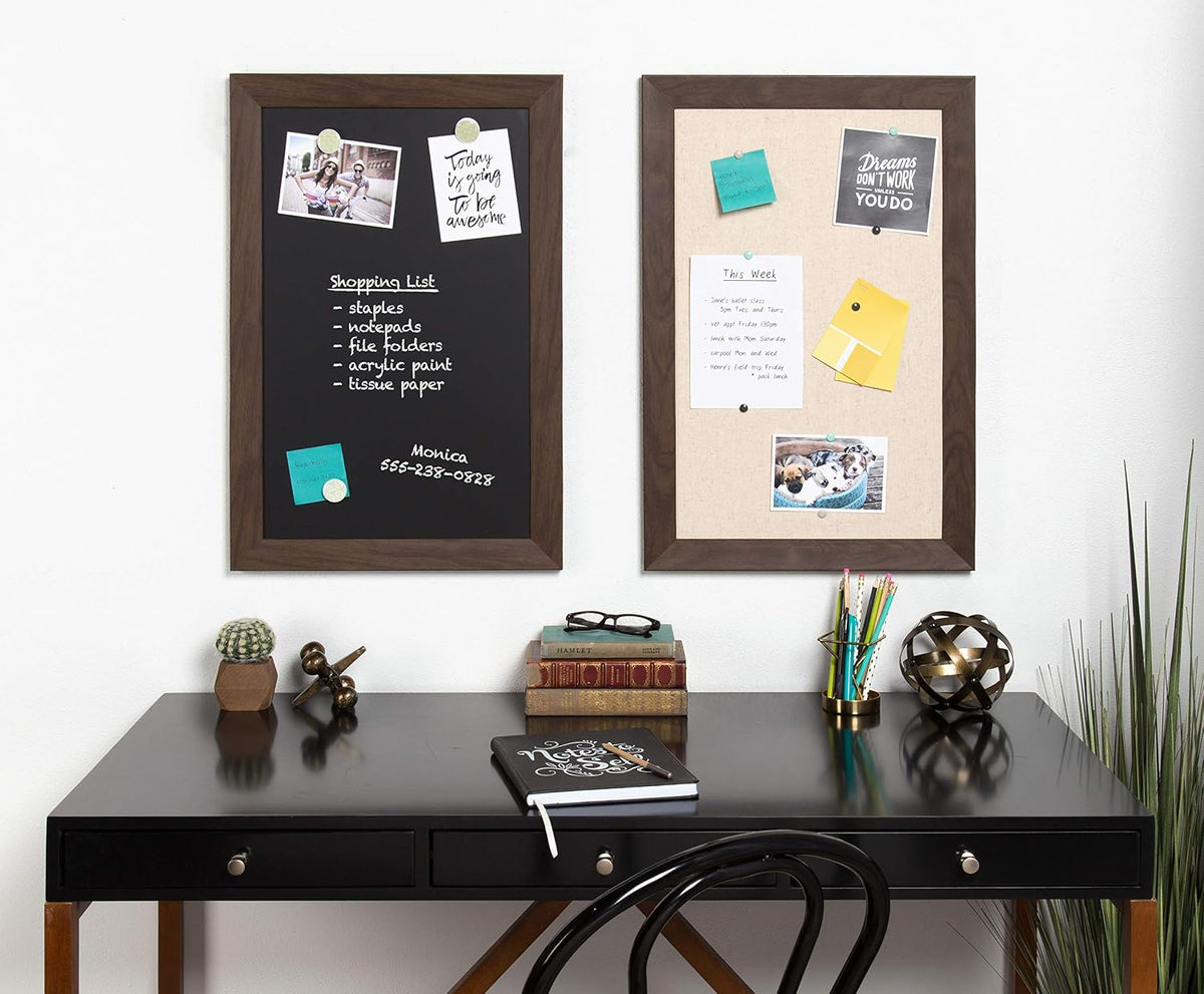 DesignOvation Beatrice Framed Linen Fabric Pinboard, 18x27, Walnut Brown